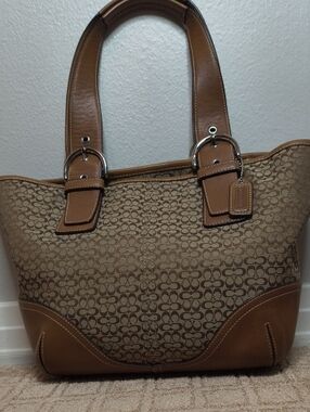Coach Vintage Brown Signature Monogram Tote with Tan Leather Trim